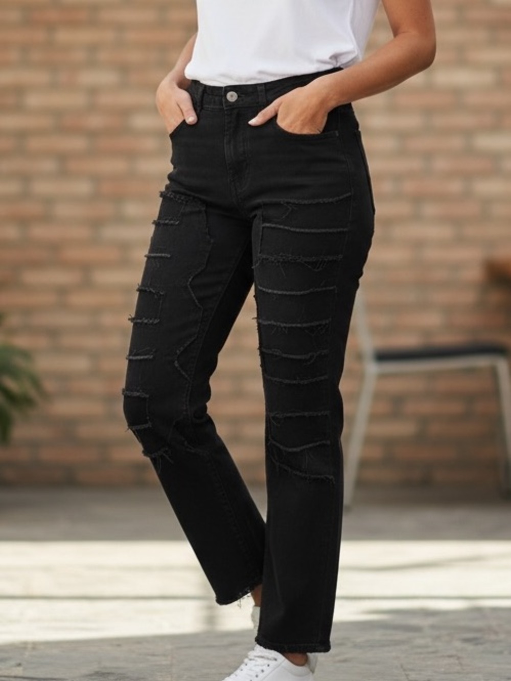 No Brand Label Stretch Black Frayed Edge Throughout Women's Jeans Size S